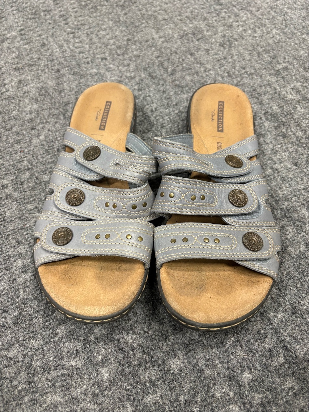 Clarks Light Blue-Gray Multi-Strap Slide Sandals